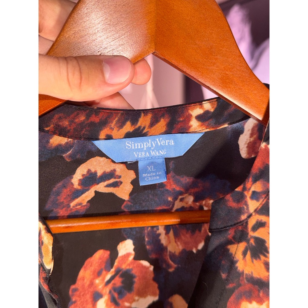 Simply Vera Vera Wang Blouse WomenXL Black Orange Floral Long Sleeve V-Neck Top - Picture 4 of 10